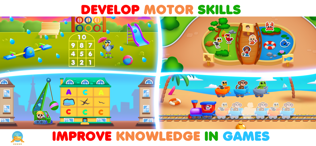 RMB Games: Pre K Learning Park - Four different gameplay scenes from the Pre K Learning Park app showing educational activities for numbers letters and motor skill development