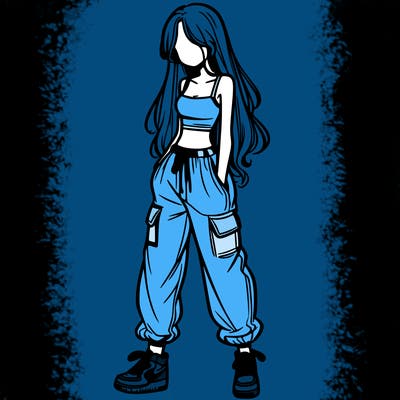 girl in baggy pants crop top and long hair