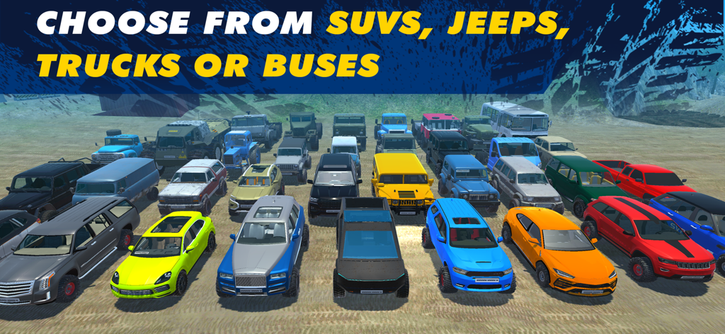 Offroad Simulator Online - A wide variety of off-road vehicles including SUVs jeeps trucks and buses in a lineup