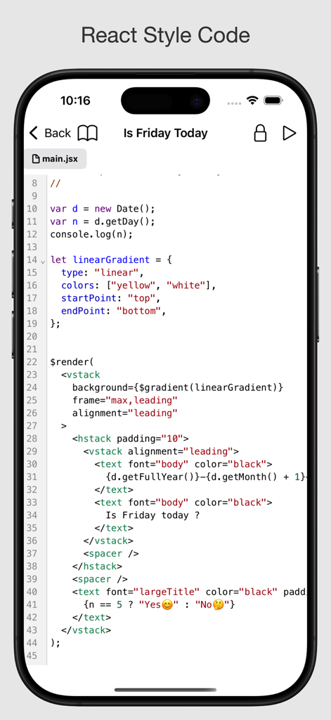 Interfaz del editor de código de ScriptWidget mostrando sintaxis JSX estilo React para un widget personalizado de iOS