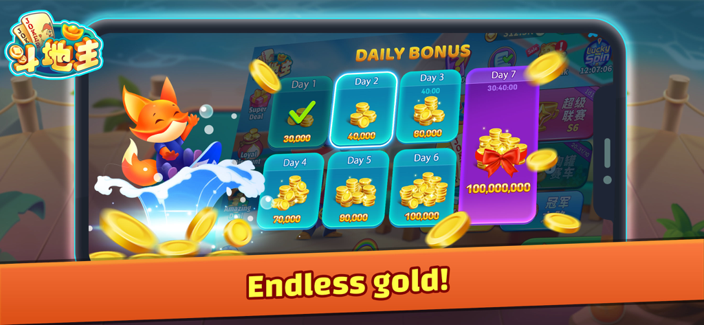 Täglicher Bonuskalender in der Dou Dizhu ZingPlay App, der sieben Tage lang Goldmünzen-Belohnungen zeigt.