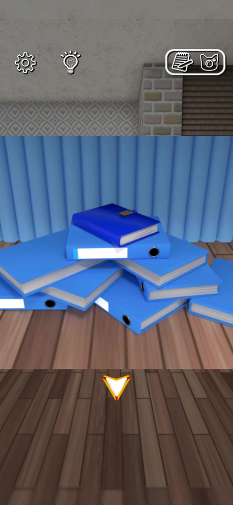Escape Game Work From Home - A pile of blue office binders and a notebook on a wooden floor in the Escape Game Work From Home mobile app