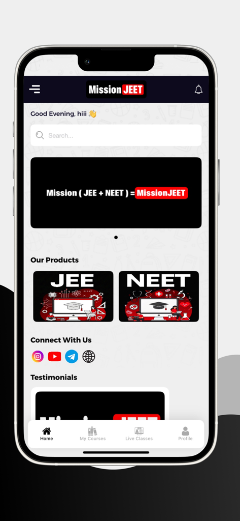 Mission Jeet - Home screen of the Mission Jeet app featuring JEE and NEET preparation courses