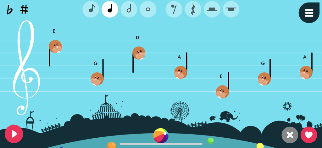 Music4Kids - Music4Kids app showing a musical staff with hamster-themed notes and a circus silhouette background