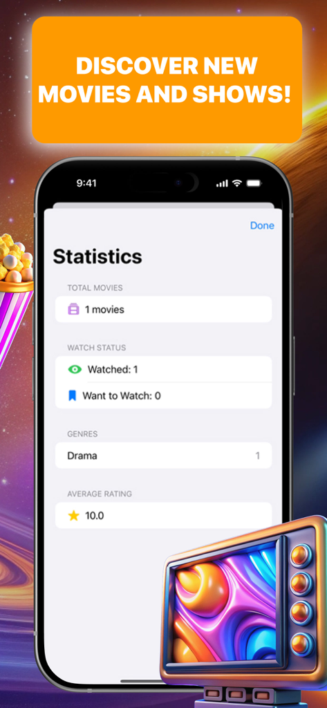 Écran des statistiques de l'application MovieMate montrant les habitudes de visionnage de films, les genres et les notes sur un smartphone.
