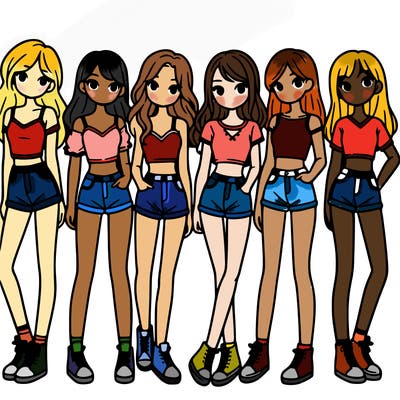 a group of girls wearing crop tops and shorts
