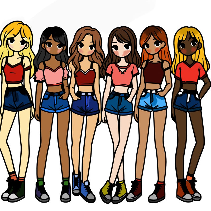 a group of girls wearing crop tops and shorts