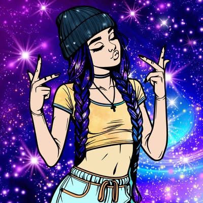 realistic teenage girl with braids and a beanie and crop top doing 🫶🏼