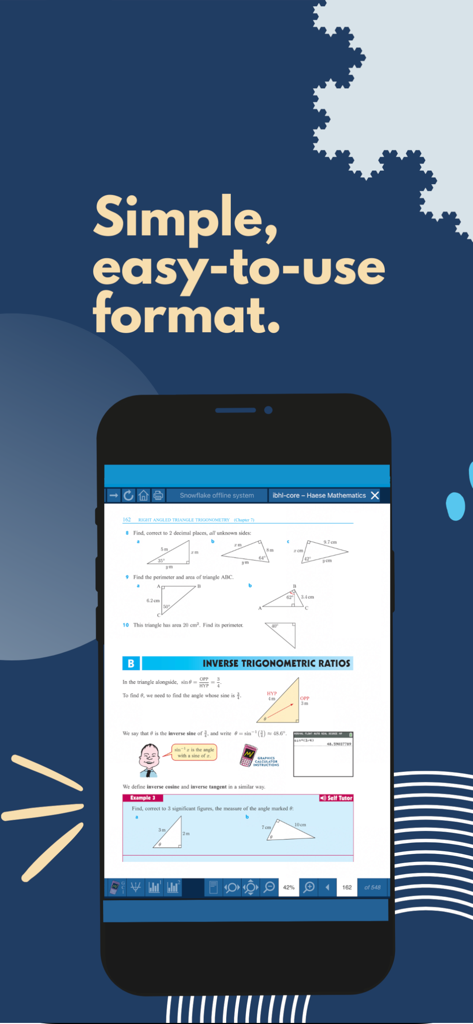 Snowflake app interface showing a mathematics textbook page on trigonometry