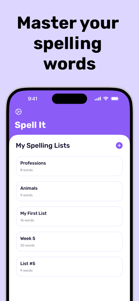 Spell It: Spelling Bee Games - Eine mobile Oberfläche der Spell It App, die verschiedene benutzerdefinierte Rechtschreiblisten für die Schülerübung zeigt