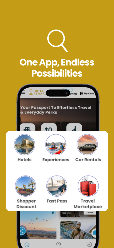 Hotel Rewards: Save on Stays - Hotel Rewards App-Oberfläche mit Symbolen für Hotels, Erlebnisse, Mietwagen und Einkäuferrabatte