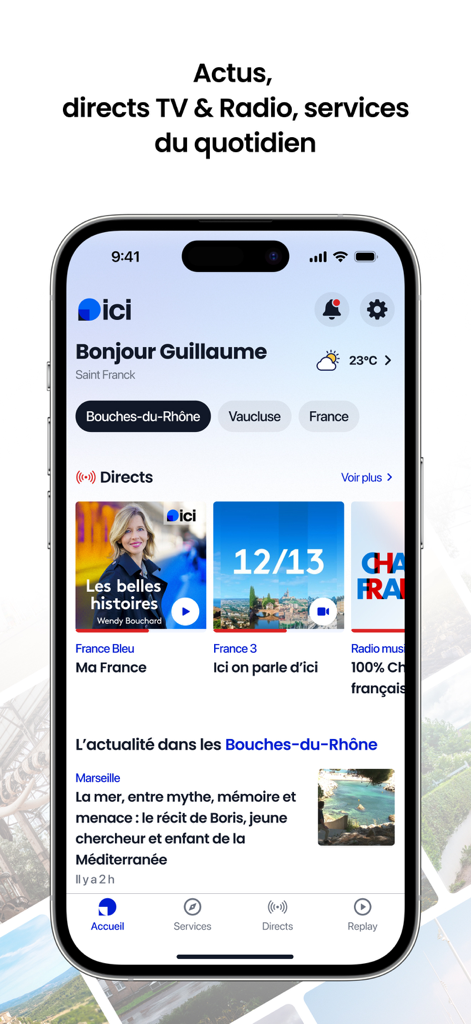 Home screen of the ici mobile app displaying local French news and live broadcasts