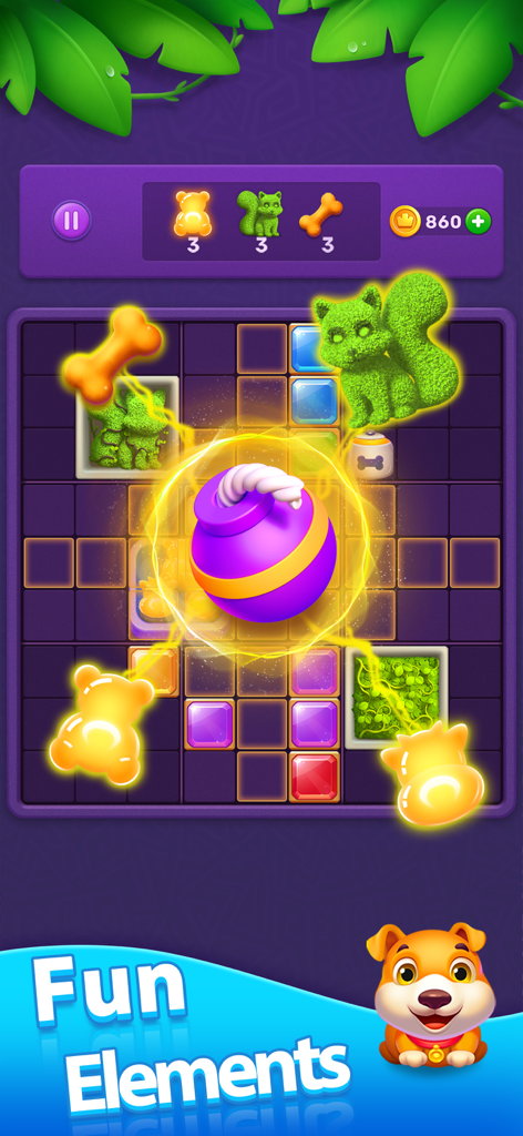 Captura de pantalla del juego Block Puzzle Jewel Blast con formas de gemas coloridas, una explosión de bomba y un lindo personaje de cachorro.