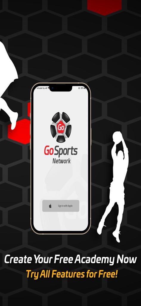 GoSports Network - Pantalla de inicio de sesión de GoSports Network con una indicación para crear una academia deportiva gratuita y un botón de inicio de sesión con Apple