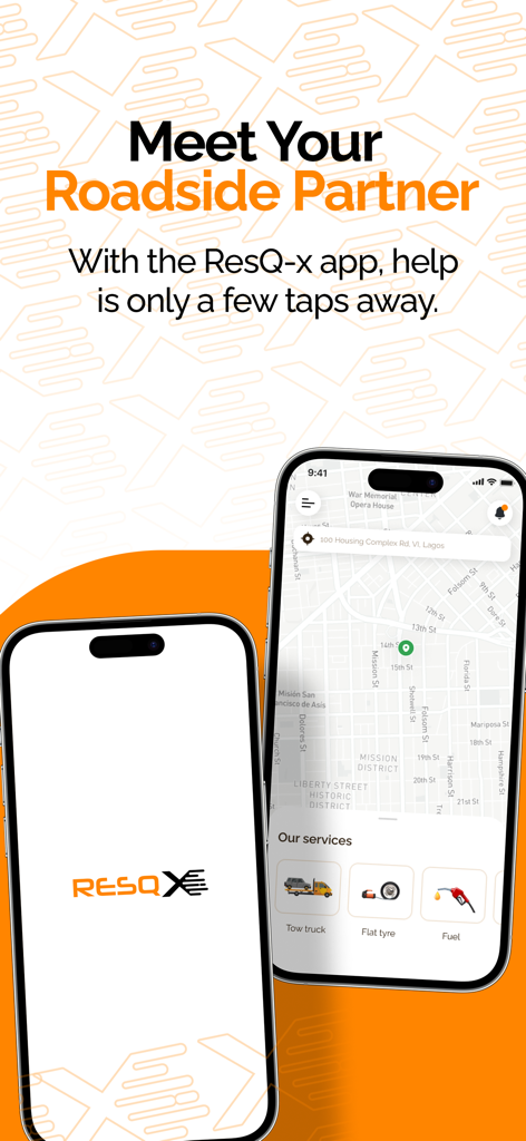Interfaz de la aplicación ResQ-X que muestra servicios de asistencia vial como remolque y reparación de neumáticos pinchados en un mapa.