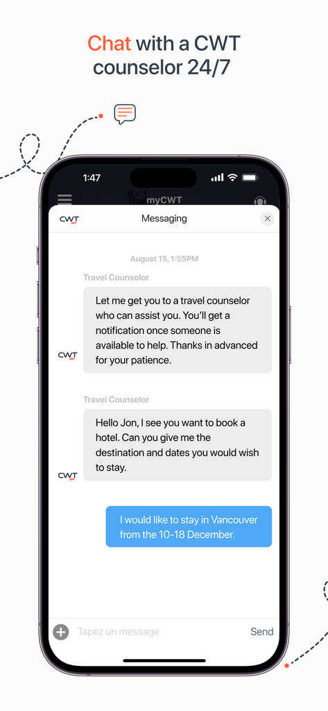 myCWT - Interfaz de chat móvil que muestra una conversación con un consejero de viajes de CWT para asistencia en reservas de negocios