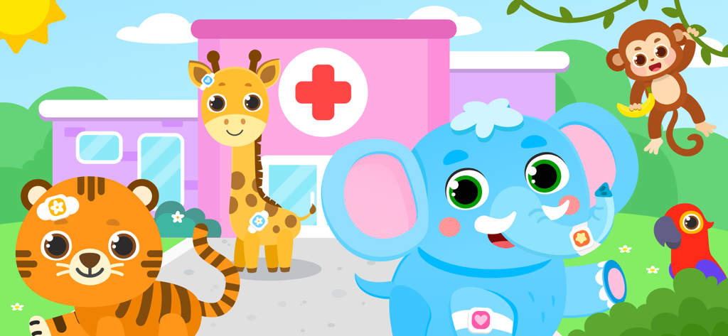 Animal Hospital — Baby Games - Cartoon tiger giraffe elephant monkey and parrot in front of a veterinary clinic building