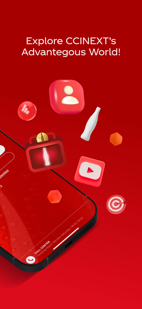 CCINEXT - Promotional screen for the CCINEXT business platform showing floating 3D icons and a smartphone