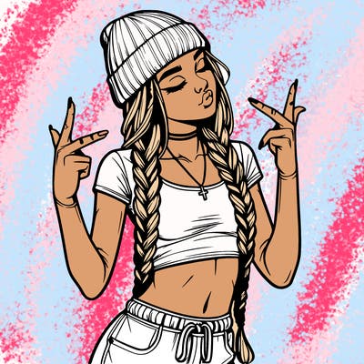 realistic teenage girl with braids and a beanie and crop top doing 🫶🏼