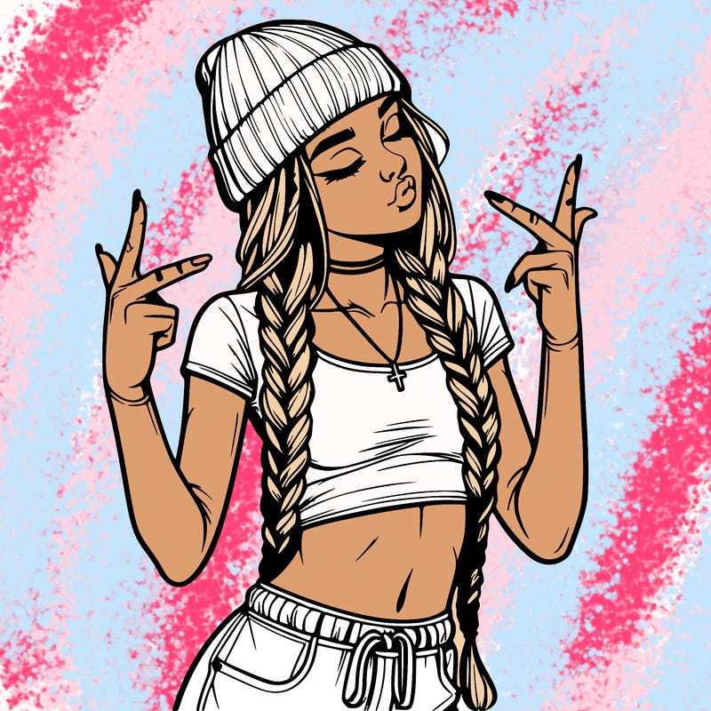 realistic teenage girl with braids and a beanie and crop top doing 🫶🏼