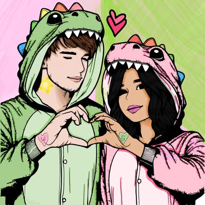 realistic couple wearing matching dinosaur onesies with heart hand gesture