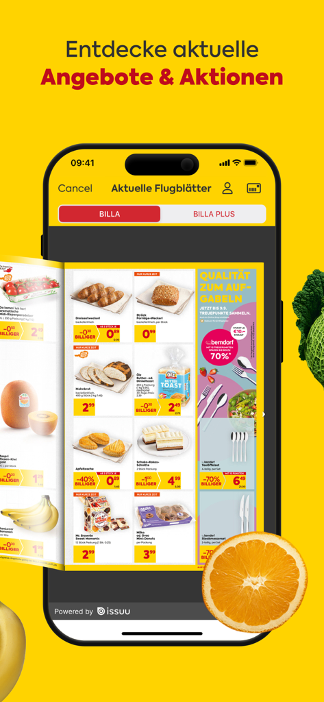 BILLA App-Oberfläche, die einen digitalen Flyer mit Lebensmittelangeboten und Rabatten zeigt