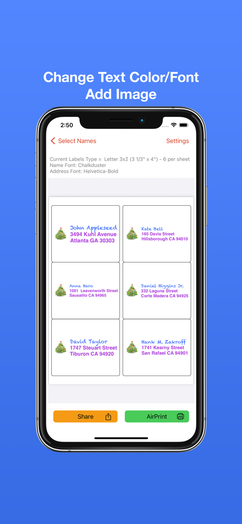 Address Labels & Envelopes - Una interfaz de aplicación móvil que muestra etiquetas de direcciones personalizadas con iconos de árboles de Navidad y opciones de fuentes coloridas