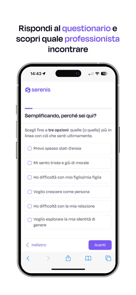 Una pantalla de smartphone mostrando el cuestionario de incorporación de la app Serenis para ayudar a los usuarios a seleccionar un terapeuta.