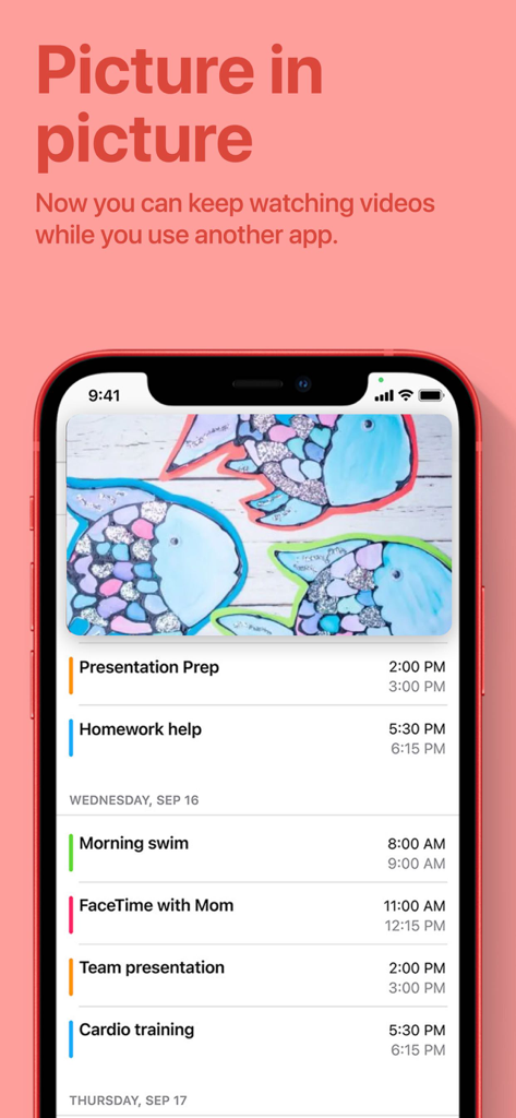 Learn to Draw Princesses - A screenshot of an iPhone showing the picture in picture feature where a drawing tutorial video overlays a calendar application.