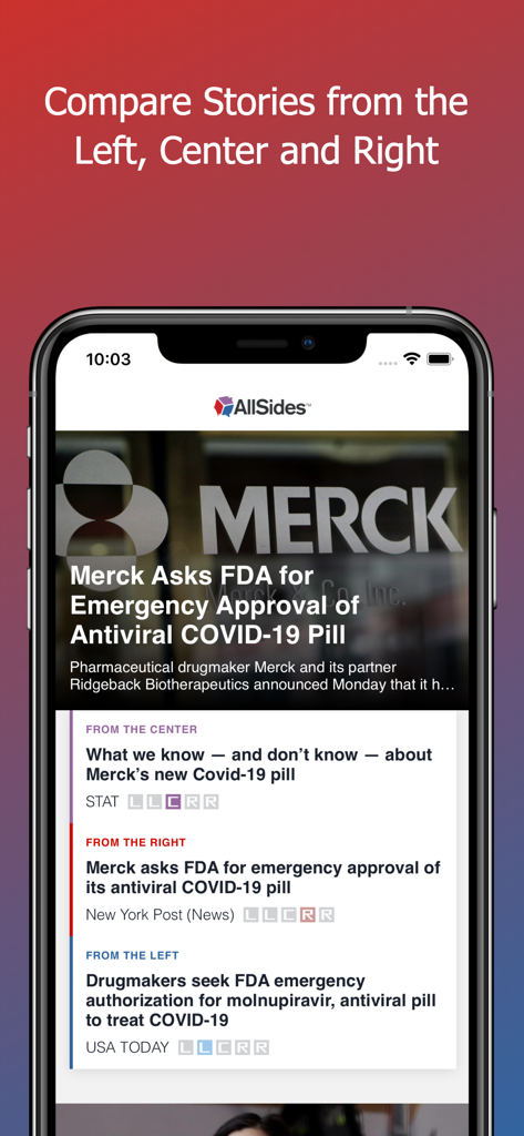 AllSides - Balanced News - AllSides app interface comparing news headlines from left center and right political perspectives