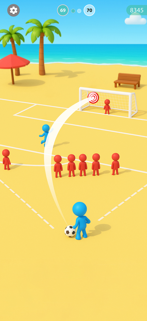 Kick to Score - A blue character drawing a path to kick a soccer ball over defenders and into a goal on a beach