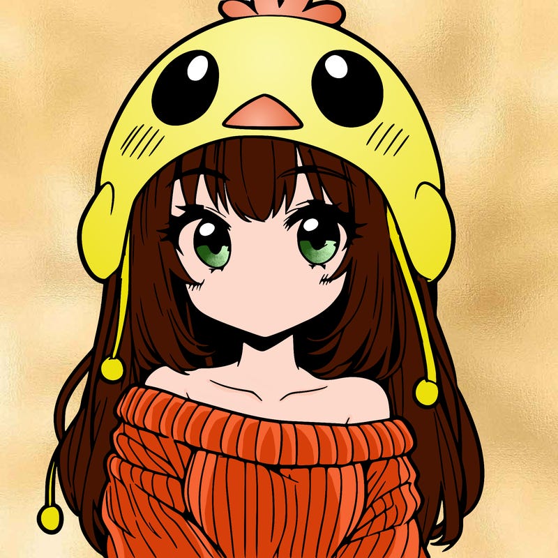 anime girl with chick shaped hat with sweater with bare shoulders with bangs covering them one eye with low tail
