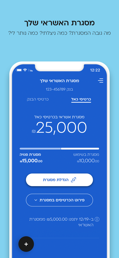 Eine mobile Benutzeroberfläche der Cal-App, die ein Gesamtkreditlimit von 25.000 Schekel mit aufgeschlüsseltem genutztem und verfügbarem Guthaben zeigt.