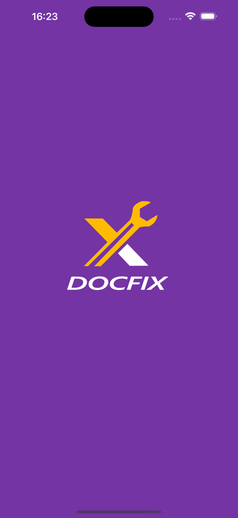 DOCFIX - Auto Repair Guide - DOCFIX Auto-Reparatur-App-Startbildschirm mit Logo und Schraubenschlüsselsymbol auf lila Hintergrund