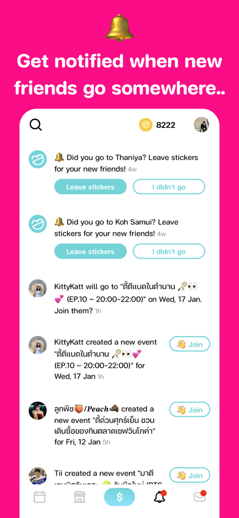 A mobile interface showing social activity notifications including invitations to join group events and reminders to leave stickers after outings