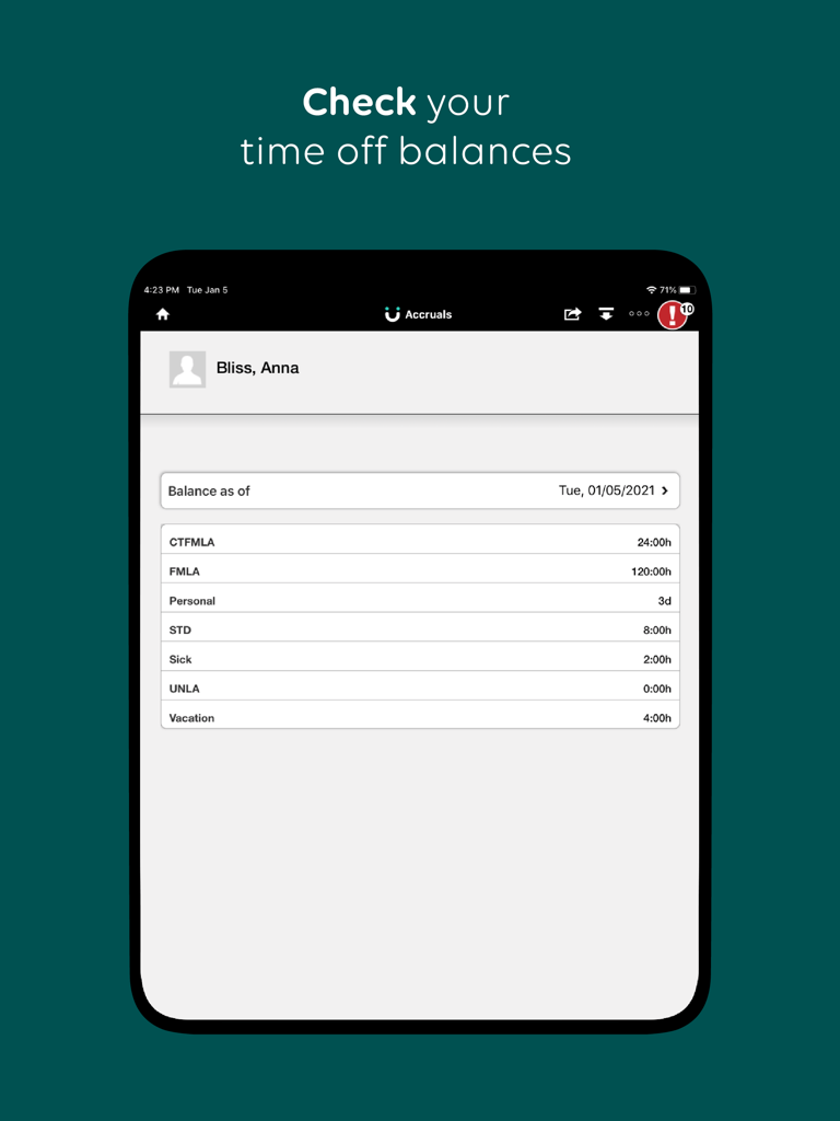 Captura de tela do aplicativo UKG Workforce Central Tablet mostrando uma lista de acúmulos com saldos de folga de um funcionário.