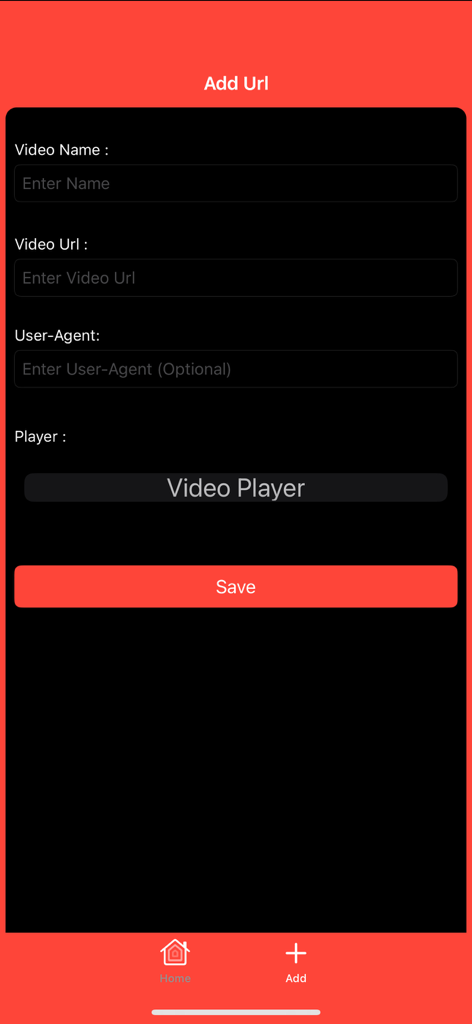 Screen to add a video name and URL link in the Url Video Player mobile app