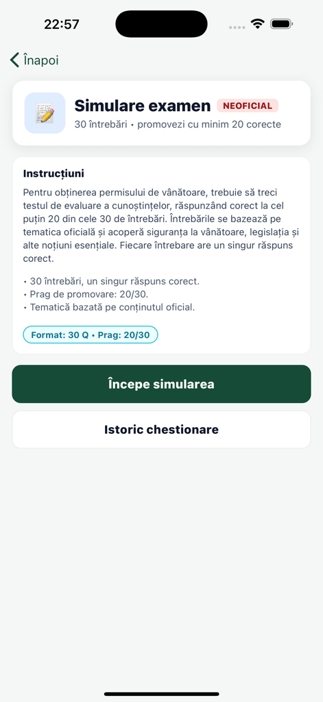 Interfaz para iniciar una simulación de examen de licencia de caza rumana con instrucciones y reglas del examen.