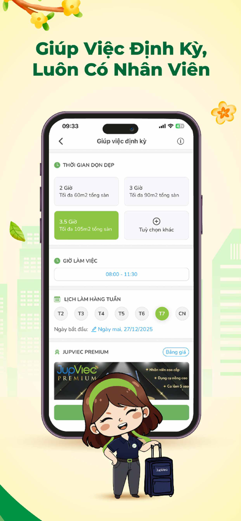 User interface of the JupViec app for scheduling recurring home cleaning services