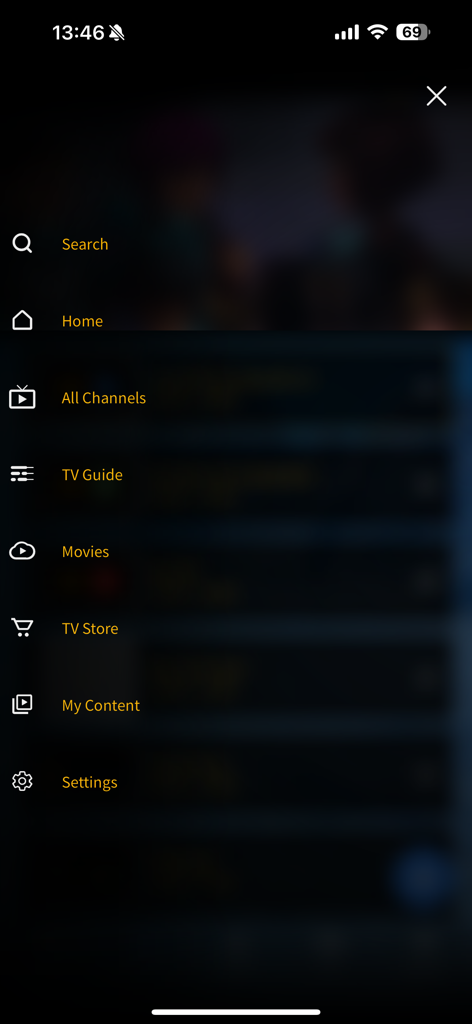 SBC+ - SBC plus app sidebar navigation menu showing home channels tv guide and settings options