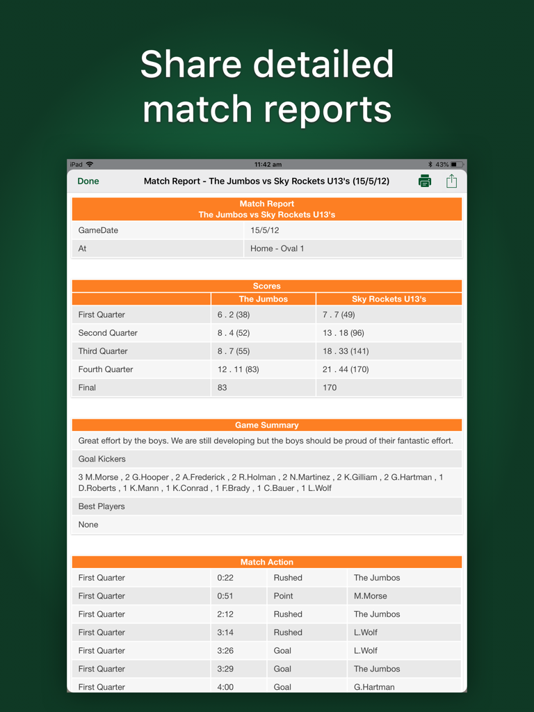 Great Coach AFL - A detailed AFL match report on an iPad screen showing scores game summary and match action timeline