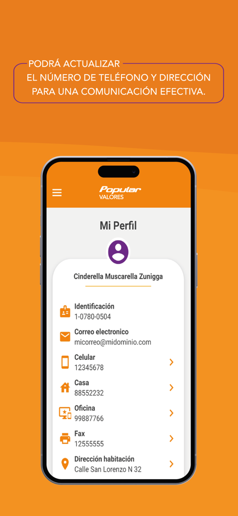 Popular Valores 앱의 사용자 프로필 화면에 연락처 정보 표시.