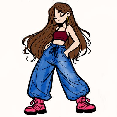girl in baggy pants crop top and long hair