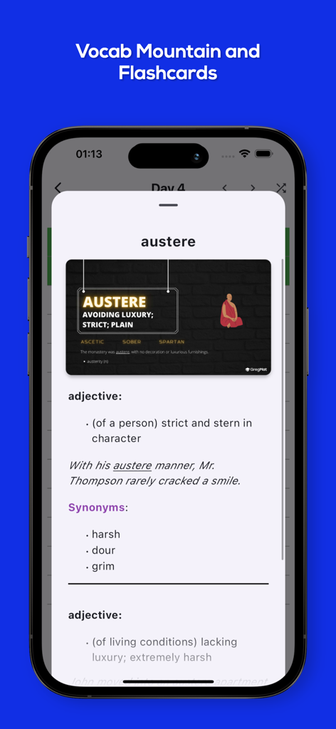 GregMat - GRE and TOEFL Prep - GregMat app vocabulary flashcard for the word austere featuring definition and synonyms