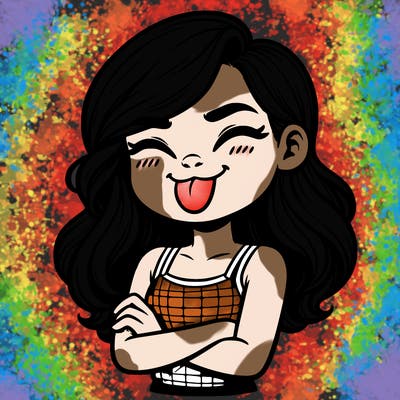 realistic girl crossing her arms and wearing a tank top with her tongue held out she has long hair