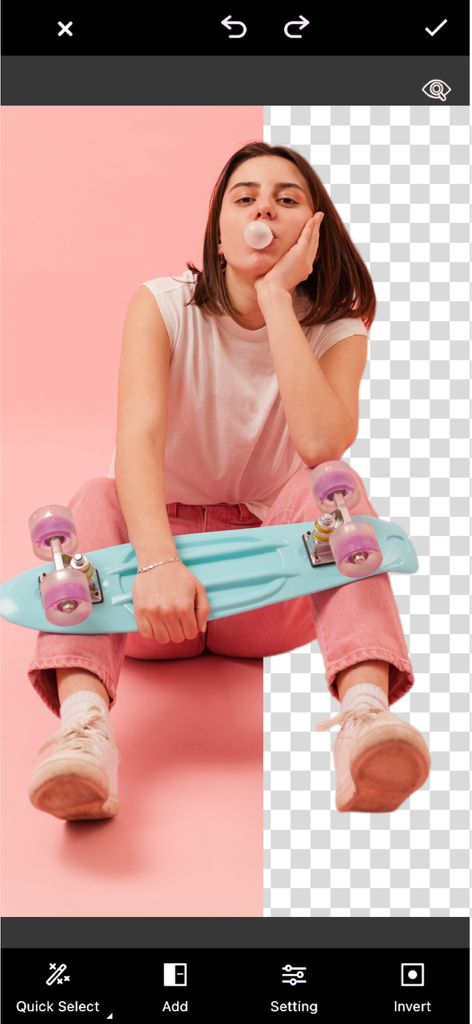 Girl with skateboard and bubblegum having her photo background removed in a mobile editing app