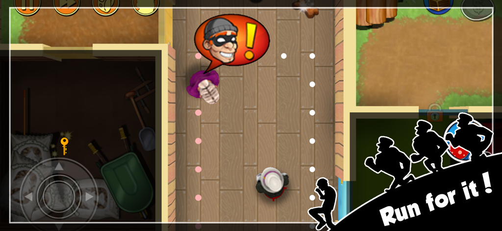 Top-down gameplay of Robbery Bob being spotted by a guard with a Run for it prompt