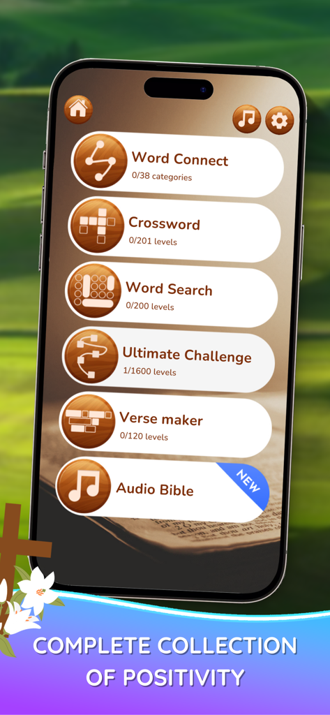 Bible Word Games: Puzzles App - O menu principal do aplicativo Jogos de Palavras da Bíblia mostrando várias opções de quebra-cabeça como Conectar Palavras e Palavras Cruzadas.