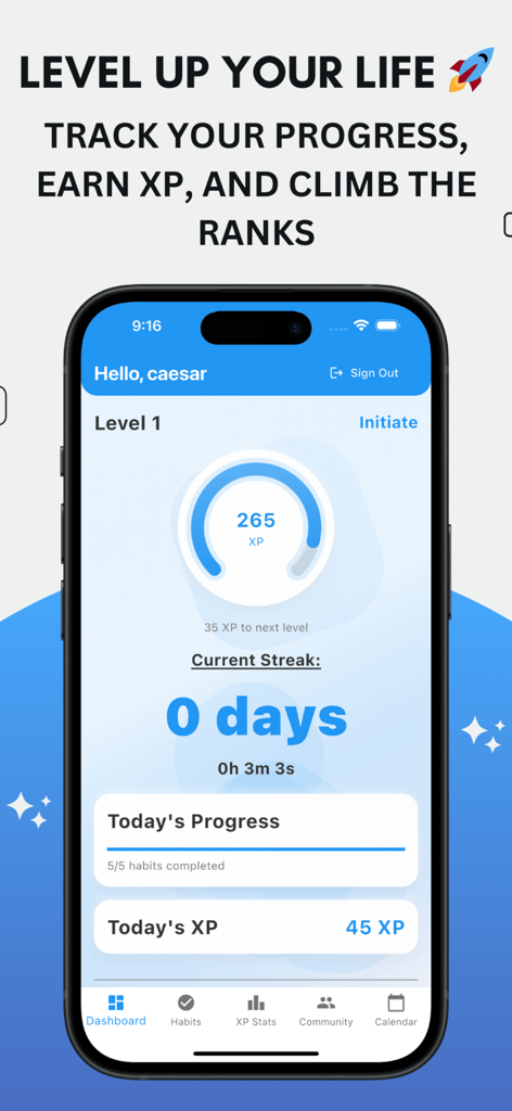 NoFap: Ranked - Dashboard of the NoFap Ranked app showing user level 1 status and XP progress tracking