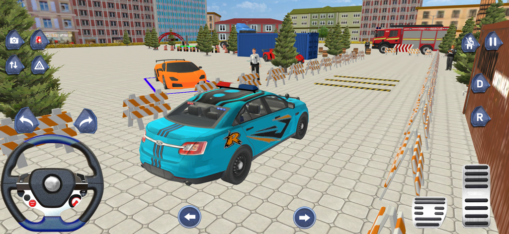 Police Car Driving Chase Games - Coche de policía azul en una simulación de conducción con volante y pedales virtuales